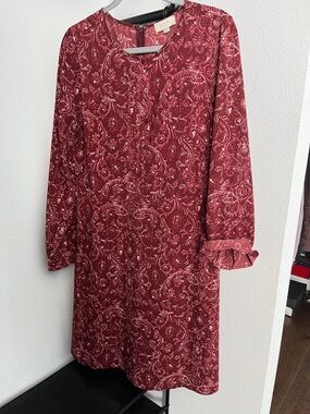 LOFT Burgundy Paisley Long Sleeve Shift Dress
